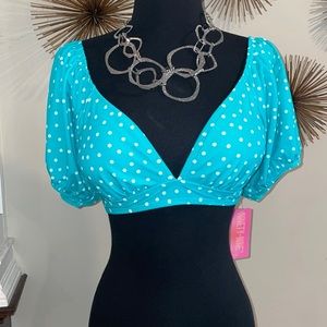 Juniors Puff Sleeve Teal polka dot bikini swim top